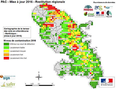 Carte des Antilles françaises montrant les zones touchées par la contamination au chlordécone.