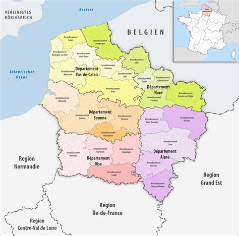 Carte de la région Hauts-de-France avec les communes de Lambres-lez-Douai et Loison-sous-Lens mises en évidence.