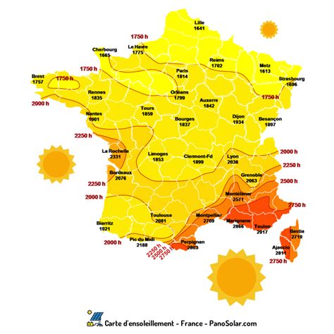 Carte de France illustrant le taux d'ensoleillement moyen par région
