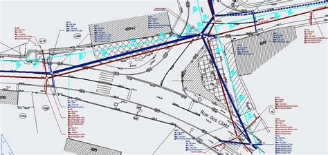 Exemple d'un plan de recollement d'un sol montrant l'emplacement des canalisations d'eau et électriques.