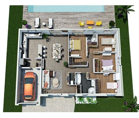 Plan d'une maison de plain-pied moderne avec jardin et carport