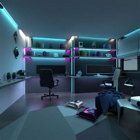 Illustration d'une chambre gaming moderne avec éclairage LED et décoration murale thématique