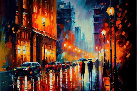 Peinture impressionniste représentant une rue sous la pluie