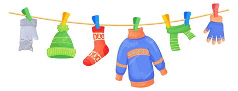 Corde à linge décorée avec des vêtements d'hiver dessinés