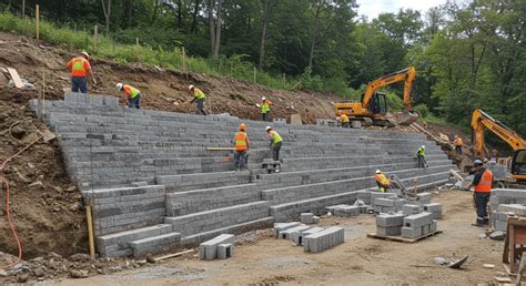 Construction d'un mur de soutènement en pierre pour stabiliser une pente.