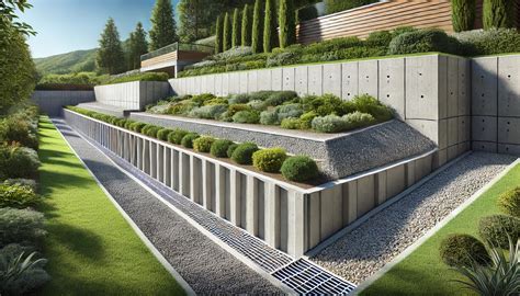 Jardin en paliers avec des murs de soutènement bas et des plantations.