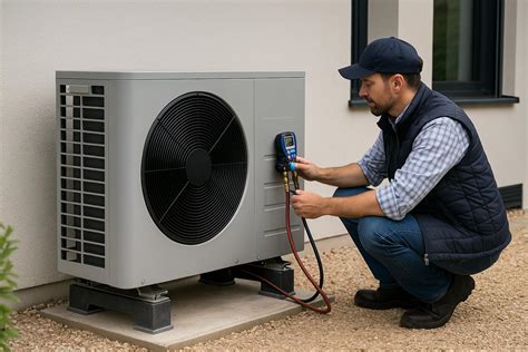 Technicien effectuant l'entretien d'une pompe à chaleur