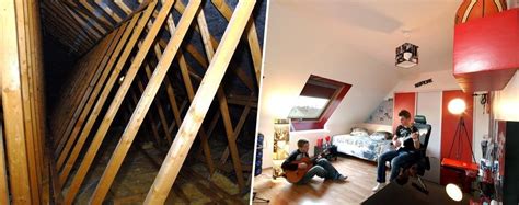 Représentation schématique d'une maison avant et après aménagement de combles, montrant l'espace gagné.