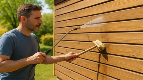 Nettoyage d'un bardage en bois avec une brosse douce et de l'eau savonneuse