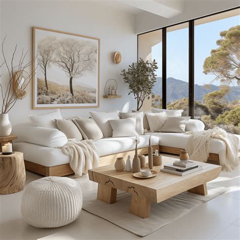 Salon moderne avec meubles blancs et accents de bois