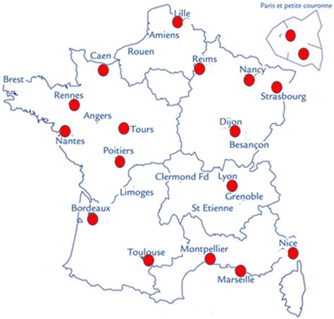 Carte de France indiquant la répartition des centres d'AMP