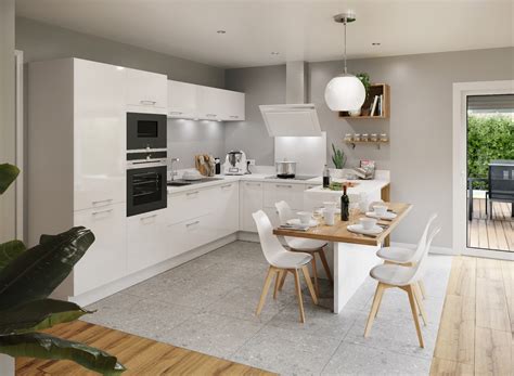 Schéma de différentes implantations de cuisine (en I, en L, en U, en ilot)