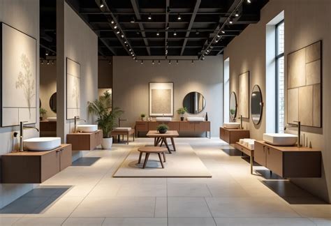 Intérieur d'un showroom de carrelage avec différentes ambiances de salles de bain