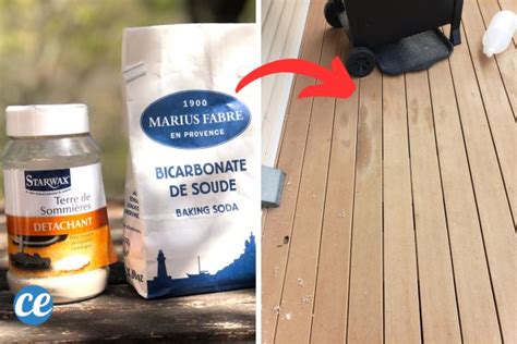 Infographie présentant différentes solutions naturelles pour nettoyer une terrasse : bicarbonate de soude, vinaigre blanc, savon noir, cristaux de soude.