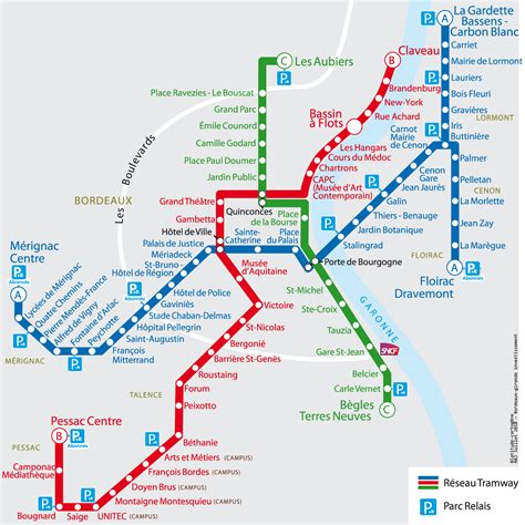 Carte du réseau de tramway de Bordeaux avec la mise en évidence de la connexion rive droite