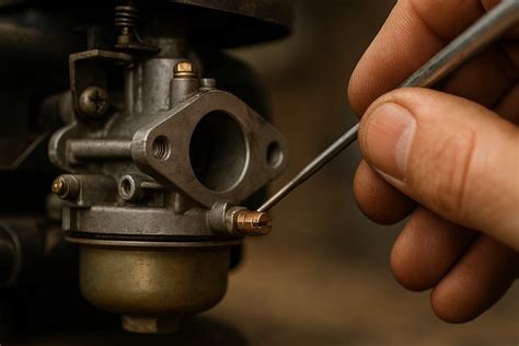Vue rapprochée d'un carburateur de tondeuse avec vis de réglage