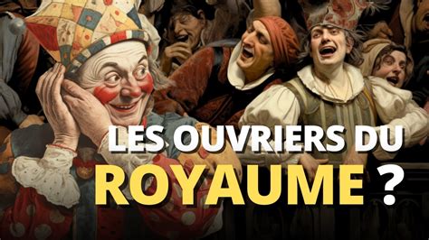 Un bouffon avec un sourire malicieux devant un roi perplexe.