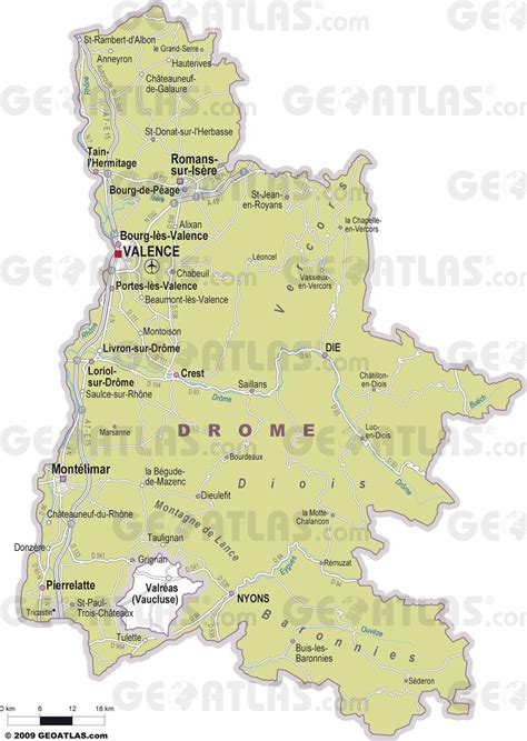 Carte du département de la Drôme avec des points indiquant les villes principales