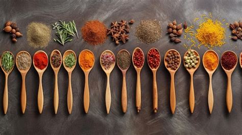 Gros plan sur un assortiment de cuillères en bois colorées remplies d'épices