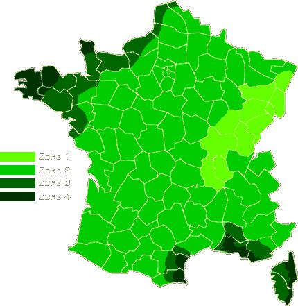 Schéma illustrant les différentes zones de vent selon la norme NV65
