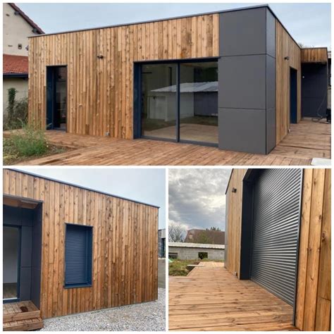 Exemple de maison avec fenêtres anthracite et bardage bois