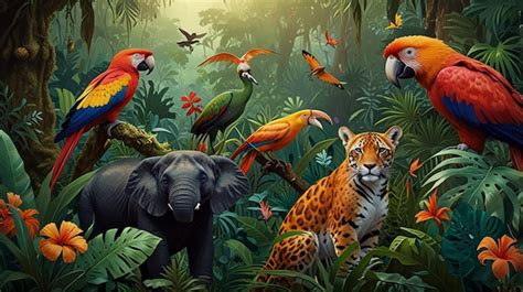 Jungle luxuriante avec animaux exotiques