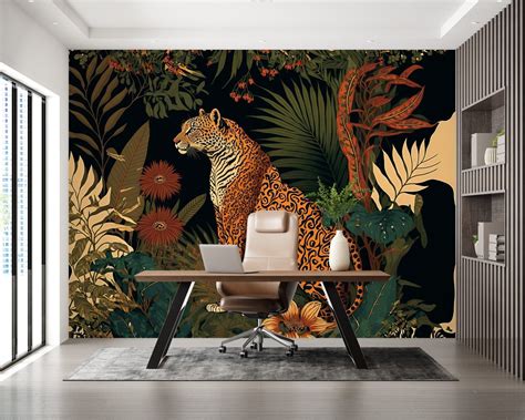 Fresque murale avec tigre et singe dans la jungle