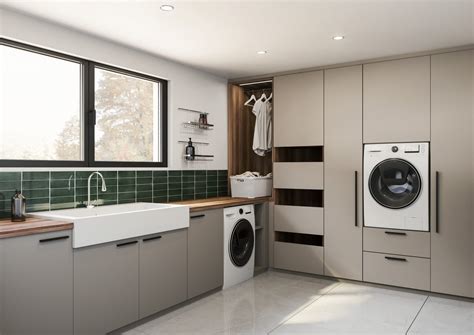 Exemple d'une buanderie moderne et bien organisée avec des solutions de rangement astucieuses.