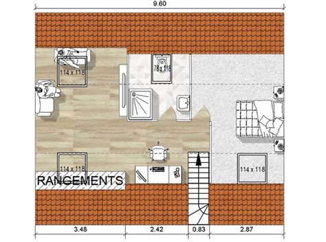 Plan d'aménagement de combles avec zones définies