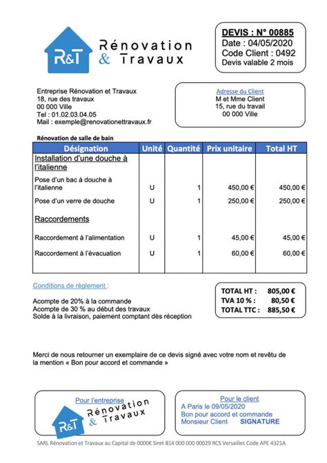 Exemple de devis de plomberie sanitaire
