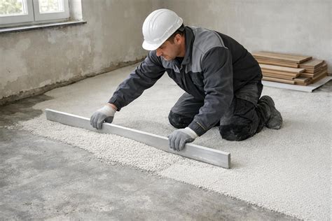 Image montrant un technicien préparant un sol avant la pose de stratifié, vérifiant la planéité et la propreté