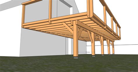 Vue éclatée montrant la structure d'une terrasse en bois sur pilotis et l'emplacement des plots béton
