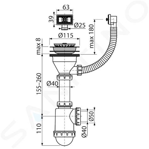 Vue éclatée d'un siphon d'évier double bac