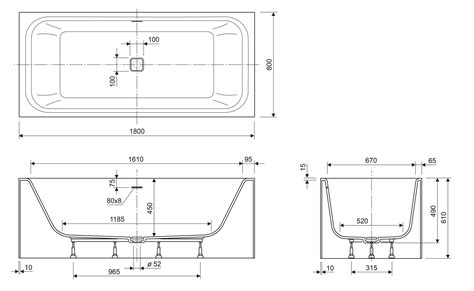Schéma des dimensions et caractéristiques ergonomiques de la baignoire