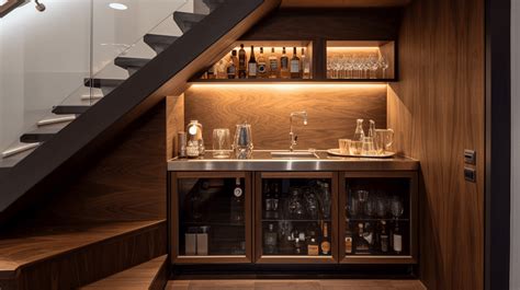 Matériaux et contrastes pour un bar sous escalier