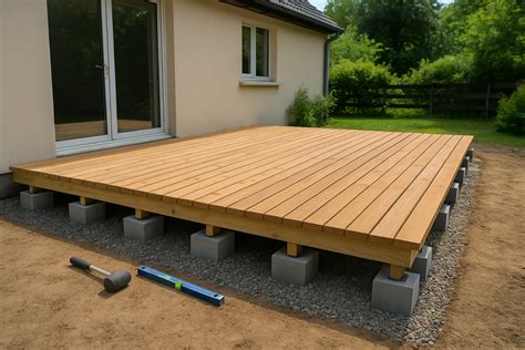 Terrasse posée sur des dalles de béton et des plots