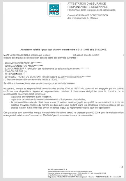 Exemple d'attestation d'assurance décennale