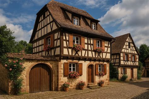 Maison alsacienne traditionnelle avec des volets en bois