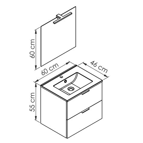 Schéma technique d'un meuble sous vasque suspendu avec tiroirs