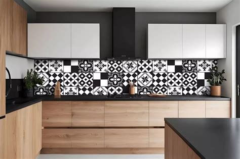 Exemple de pose de crédence adhésive avec un motif imitation carreaux de ciment