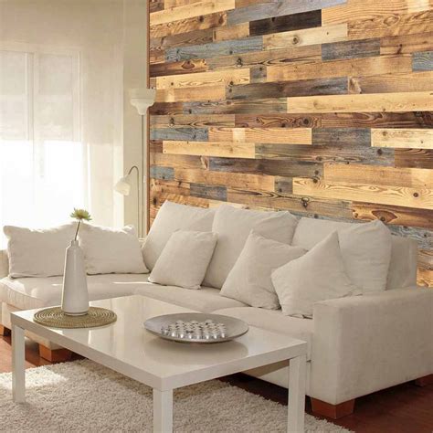 Photo d'un salon avec un mur habillé de lambris bois effet 3D