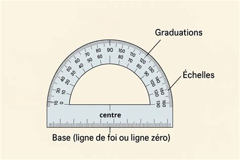 Schéma d'une équerre multifonctions avec ses différentes graduations et fonctionnalités