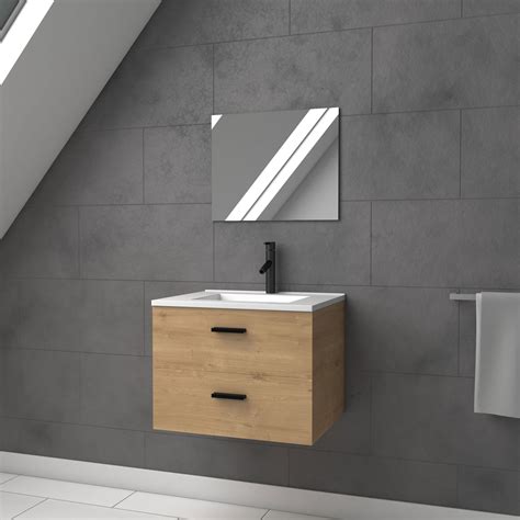 Meuble vasque suspendu 60 cm effet chêne avec plan vasque en résine noire