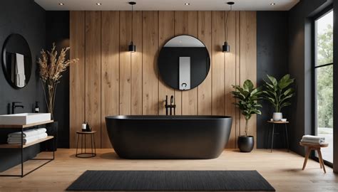 Salle de bain moderne avec vasque noire mate et robinetterie dorée