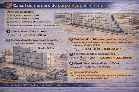 Infographie montrant le calcul des quantités de parpaings pour un mur