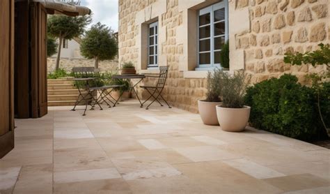 Terrasse en travertin avec un aspect patiné