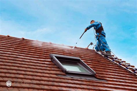Artisan démoussant une toiture