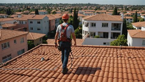 Artisan qualifié sur un toit avec équipement de sécurité