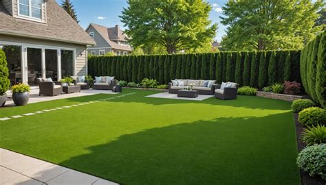 Jardin avec gazon synthétique et mobilier extérieur