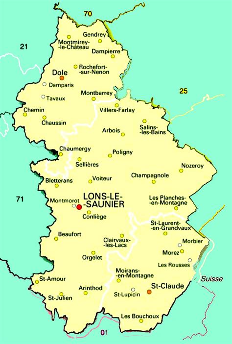 Carte de la région Jura et Bresse avec les villes mentionnées